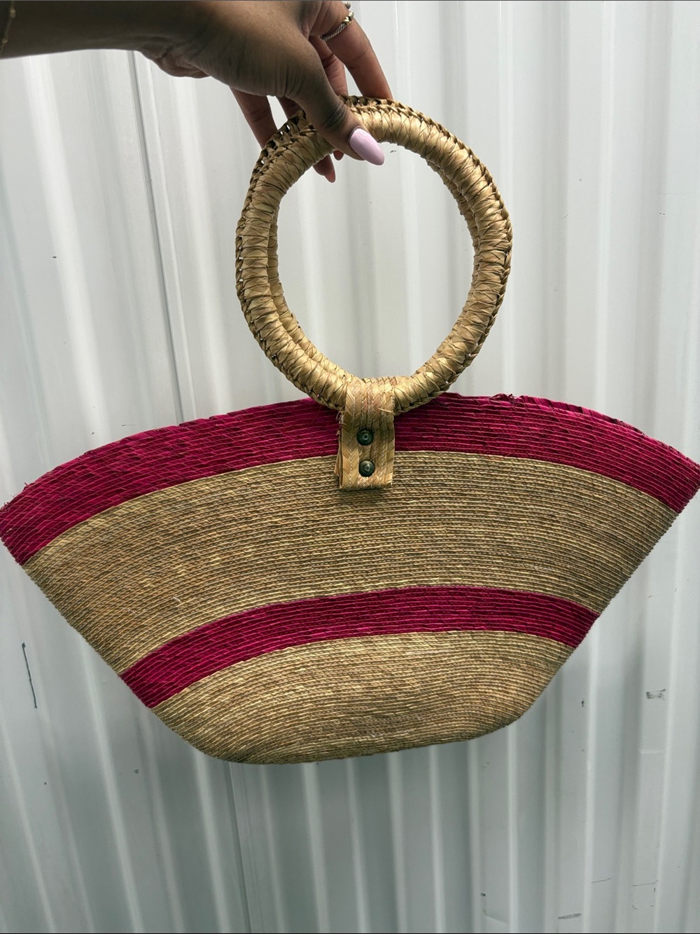 Woven Straw Tote Bag with Pink Stripes